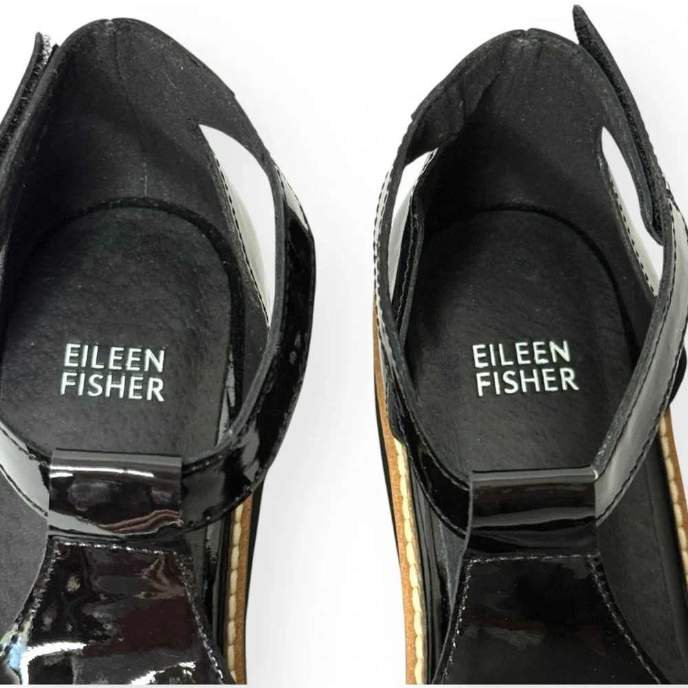 EILEEN FISHER Data Black Patent Ankle‎ Strap Wedge Sandals Size 7